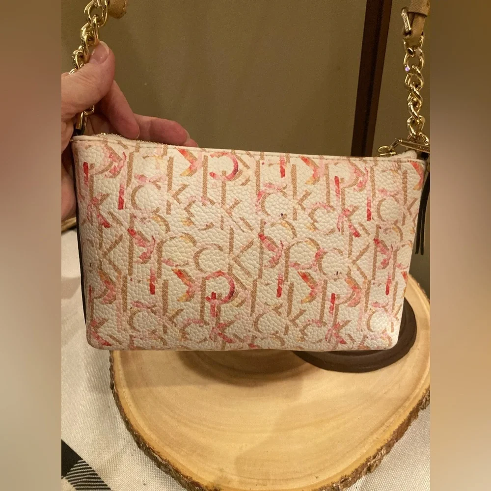 CALVIN KLEIN White With Pink Monogram Logo‎ Print Small Crossbody Bag New
